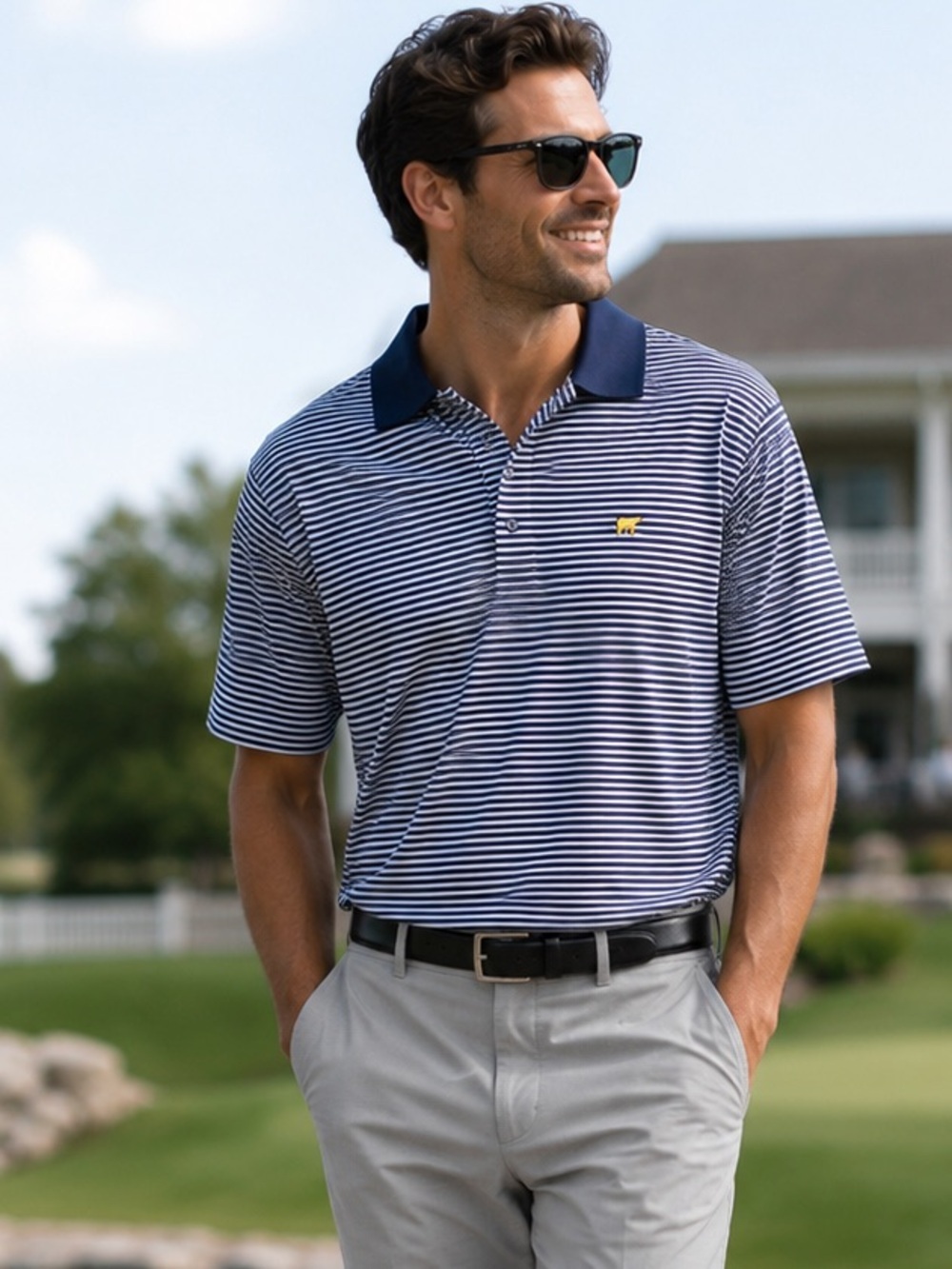 Jack Nicklaus XXL Navy White Stripe Polo Golf Shirt Bear Logo